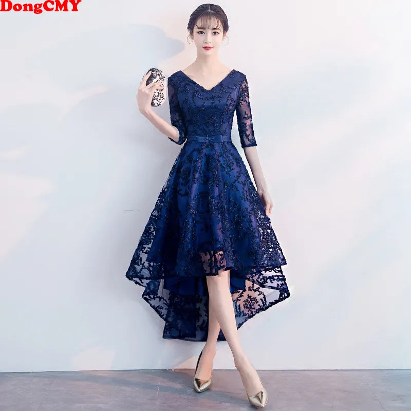 DongCMY New 2024 Navy Blue Color V-Neck Formal Bridesmaid Dresses Half Sleeves Women Elegant Bride Gown