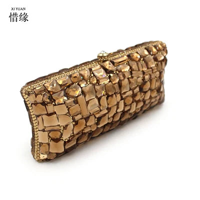 XIYUAN Glass Rhinestones Party Brown Clutch Purse Stones Evening Bags Box Handbag Purses Women Bridal Wedding Metal Clutches Bag