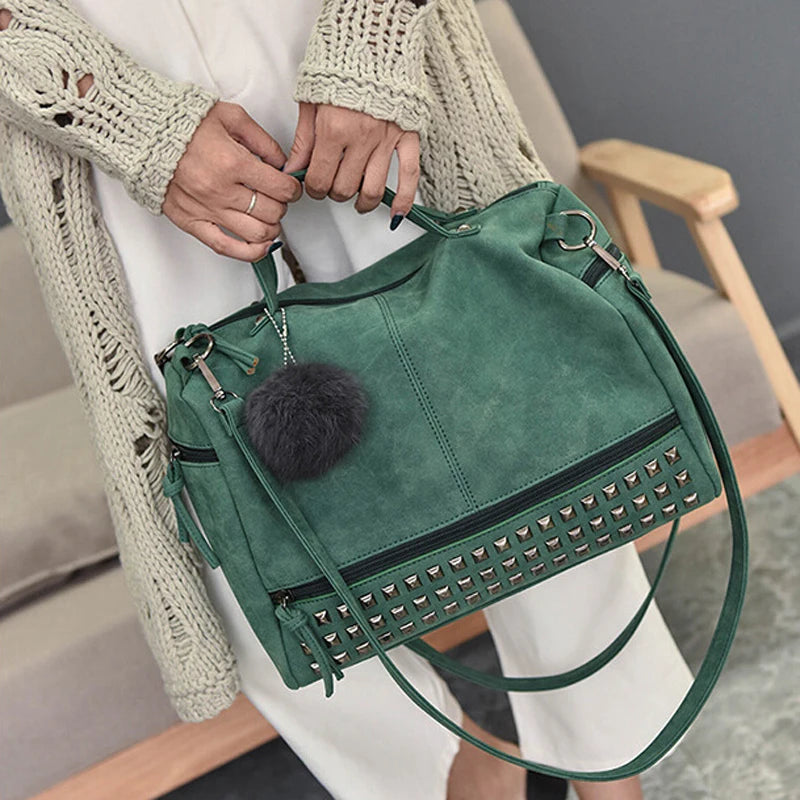 Vintage Nubuck Leather Ladies Handbags Rivet Larger Women Bags Hair Ball Shoulder Bag Motorcycle Messenger Bag Top-Handle Bag