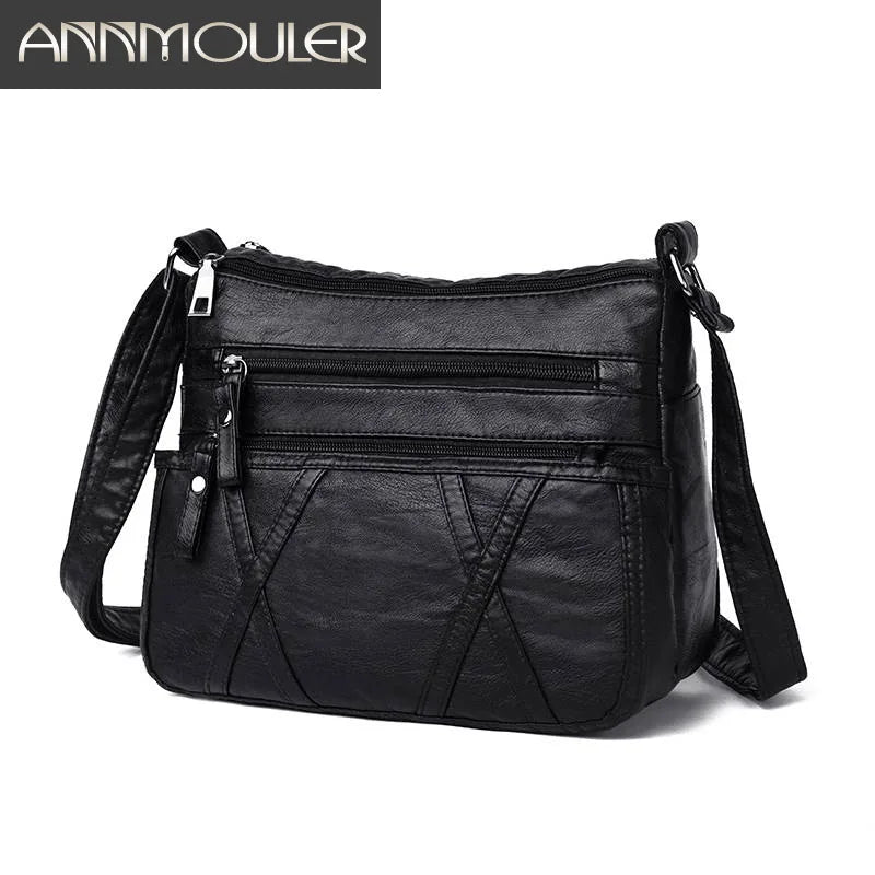 Annmouler Small Women Bag Pu Leather Shoulder Bag Black Multipockets Crossbody Bag Soft Messenger Bag for Girls Quality Purse