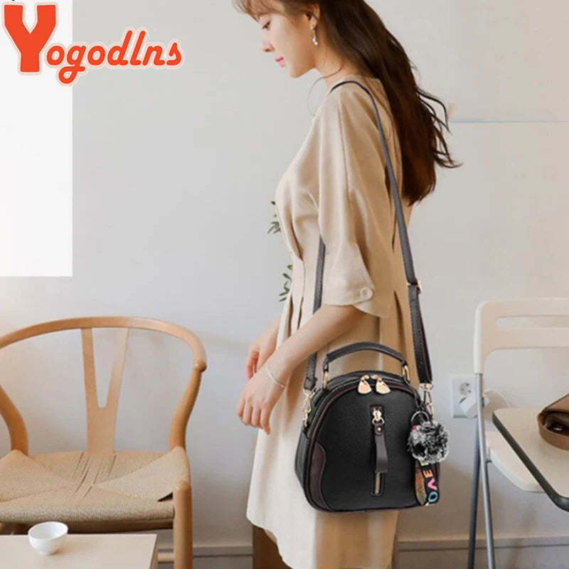 Yogodlns Fashion Solid Color Women Shell Bag Portable Shoulder Bag Fashion PU Leather Elegant Female Bag With Gray Hair Ball