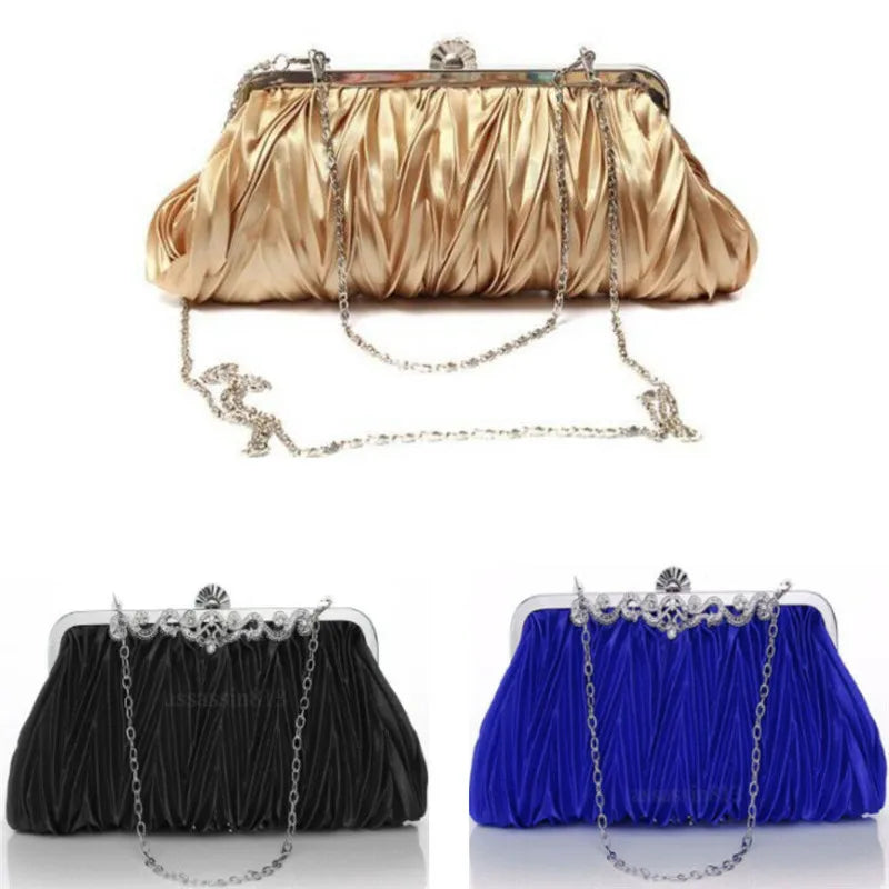 Women Lady Satin Crystal Bridal Handbag Clutch Party Wedding Purse Evening Bag