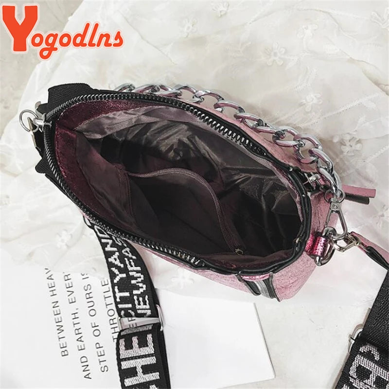 Yogodlns Fashion Tide Ladies Letter Handbags Wide Strap Chains Shoulder Bag Women Crossbody Bags Bolsa New Girls Small Purse