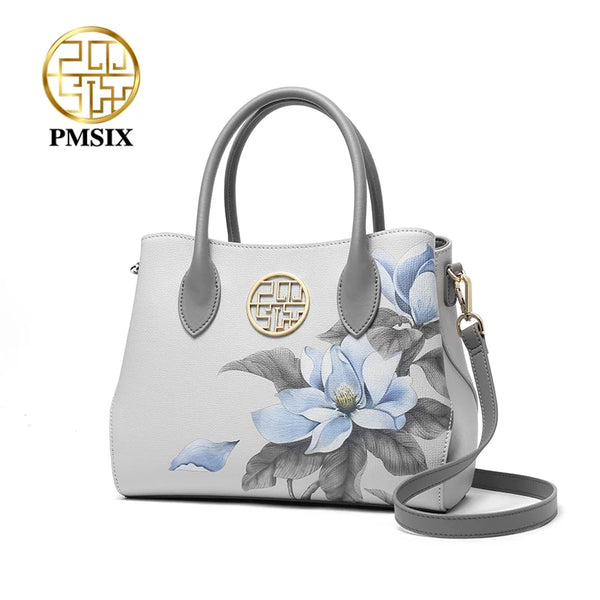 PMSIX  Fashion Flower Printing Cow Leather Women Handbag High Capacity Ladies Shoulder Bag Brand Elegant Female Totes 2021