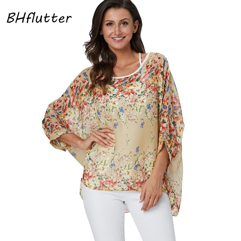 BHflutter Elegant Chic Chiffon Blouses Women New Fashion Batwing Casual Summer Tops Tunic Boho Style Beach Shirts Chemise Femme