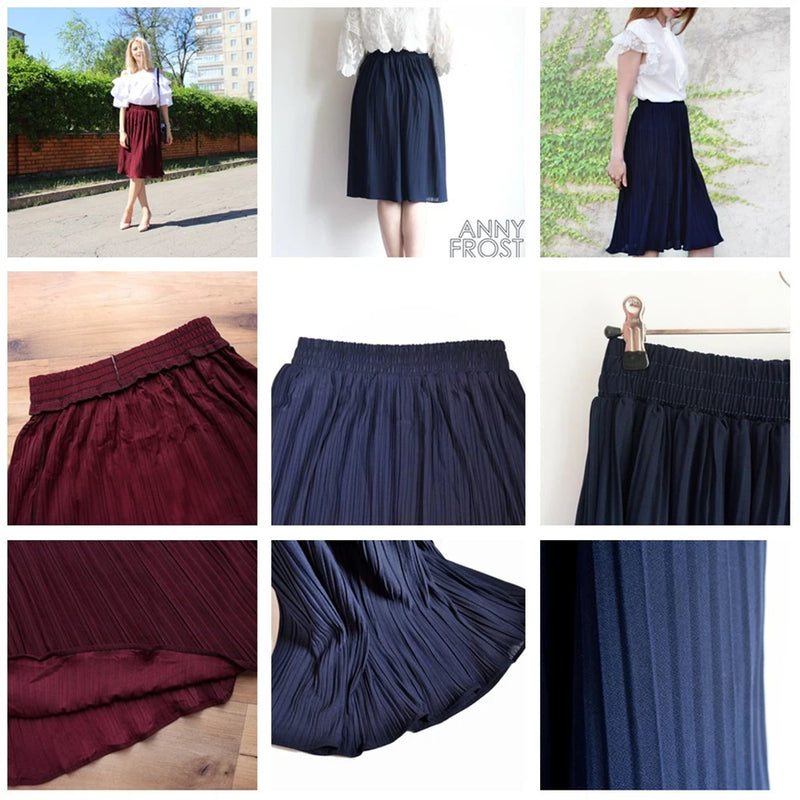 Women Chiffon Skirt Summer Thin Solid Pleated Skirts Womens Saias Midi Faldas Vintage Women Midi Skirt
