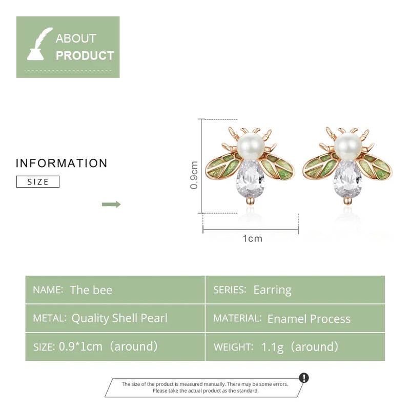 bamoer Crystal Queen Bee Stud Earrings for Women Glittering Green Enamel Wing Ear Studs Sterling Silver 925 Pearl Jewelry SCE643