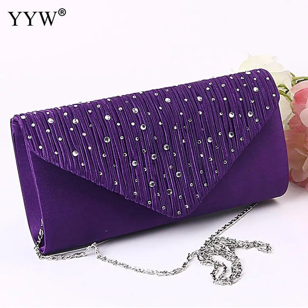 Satin Tiny Glass Beads Clutches For Women Fashion Evening Bags Purple Chain Shoulder Bags Party Wedding Vintage Pearl Softback