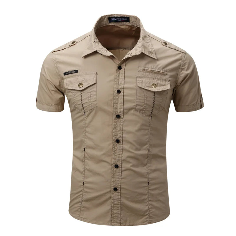 2022 New Arrive Mens Cargo Shirt Men Casual Shirt Solid Short Sleeve Shirts Multi Pocket Work Shirt Plus Size 100% Cotton