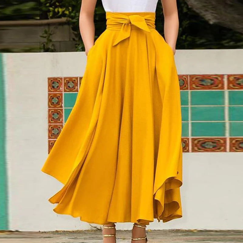 Women's Solid Color High Waist A Line Skirt Fashion Slim Waist Bow Belt Flared Pleated Long Red Orange Yellow Gypsy Maxi Skirt