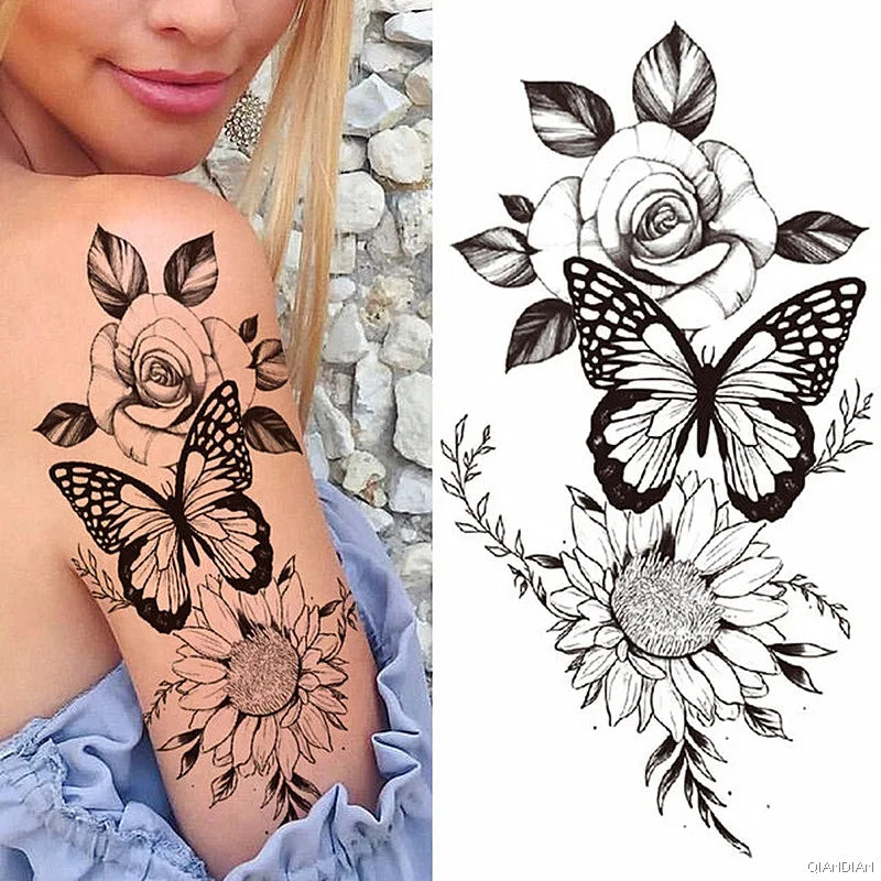 Sexy Flower Bird Temporary Waterproof Tattoo Sticker Girl Butterfly Dreamcatcher Cross Body Arm Sleeve Chest Fake Totem Women