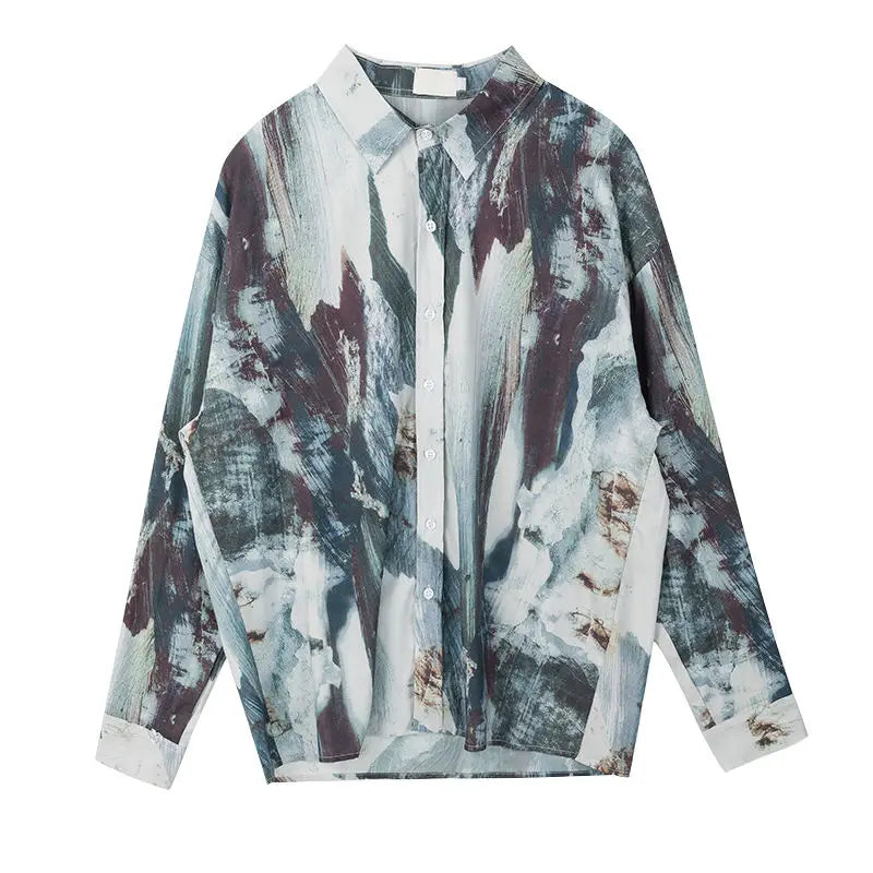 Chic Casual Abstract ink printing Long Sleeve Women Blouse Tunic Shirt Turn-Down Collar Loose 2023 Autumn Oversize Ladies Tops