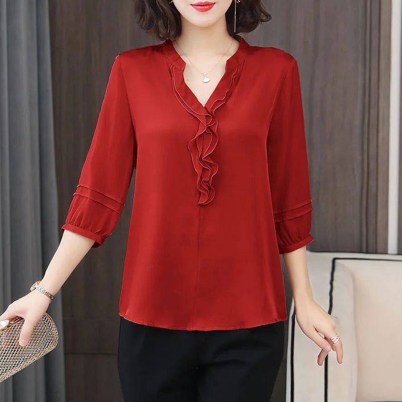 Women Spring Summer Style Chiffon Blouses Shirts Lady Casual Half Lantern Sleeve V-Neck Ruffles Decor Blusas Tops DF3732