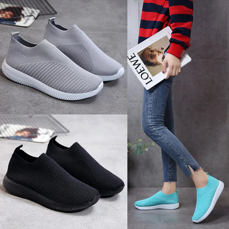 Dropshipping Women Sneakers Female Knitted Vulcanized Shoes Ladies Flat Shoe Mesh Trainers Soft Walking Footwear Zapatos Mujer