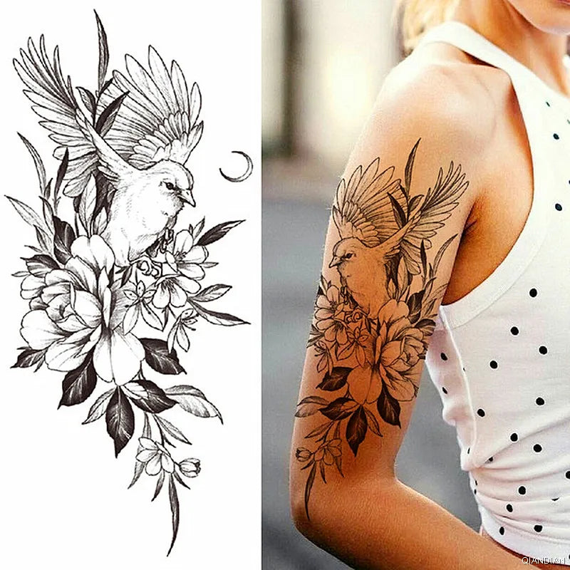 Sexy Flower Bird Temporary Waterproof Tattoo Sticker Girl Butterfly Dreamcatcher Cross Body Arm Sleeve Chest Fake Totem Women