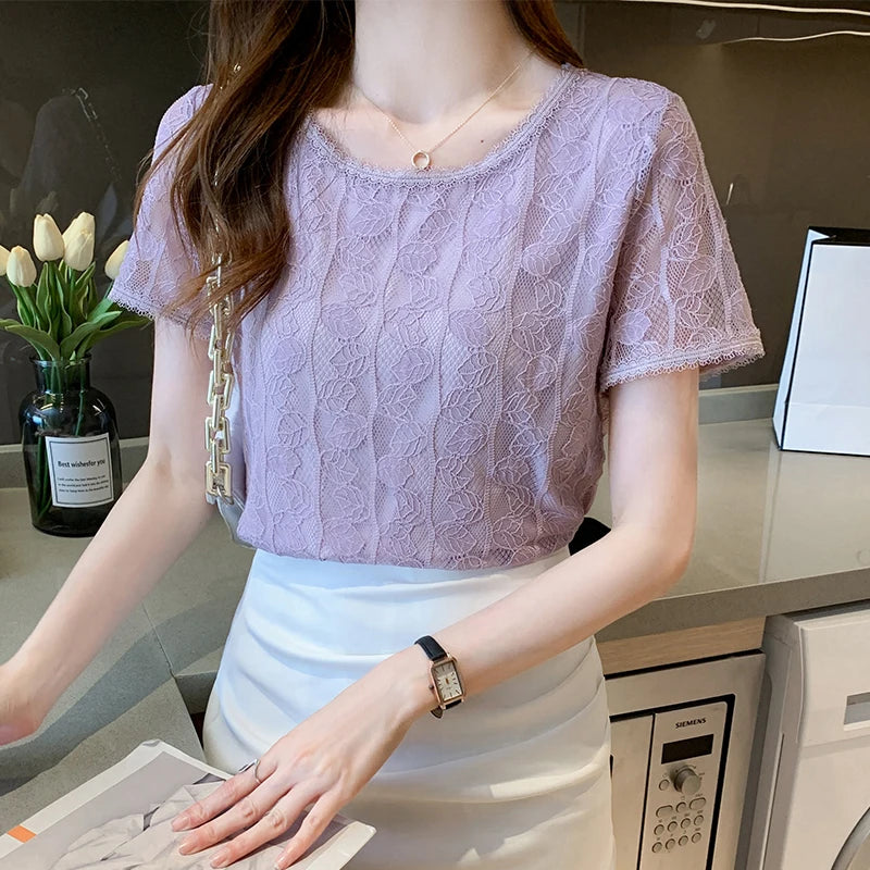 Summer Women Blouse Short Sleeve O-Neck Hollow Lace Blouse Shirt Blouse Women Blusas Mujer De Moda 2023 Blouses Top Femme E953