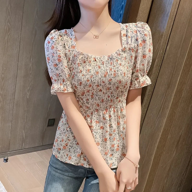 Vintage Summer Chiffon Blouses Womens 2023 Casual Harajuku Floral Printed Blouse Woman Clothes Sexy Korean Tops Camisas Mujer