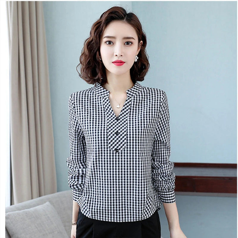 Women's Spring Autumn Style Cotton Blouses Shirt Women's Plaid V-Neck Button Long Sleeve Korean Loose Tops DD9099