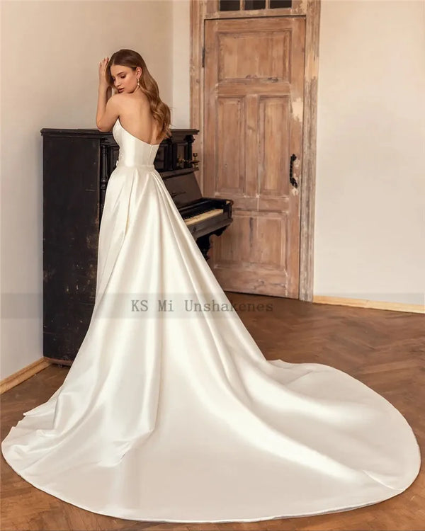 Elegant Ivory Detachable Train Wedding Dresses Mermaid Satin Church Bride Dress 2022 Women Wedding Gowns Vestido de Noiva Sereia