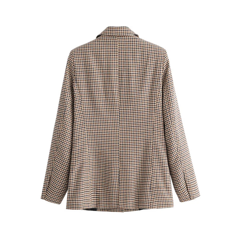 KPYTOMOA Women Fashion Office Wear Double Breasted Check Blazers Coat Vintage Long Sleeve Pockets Female Outerwear Chic Tops