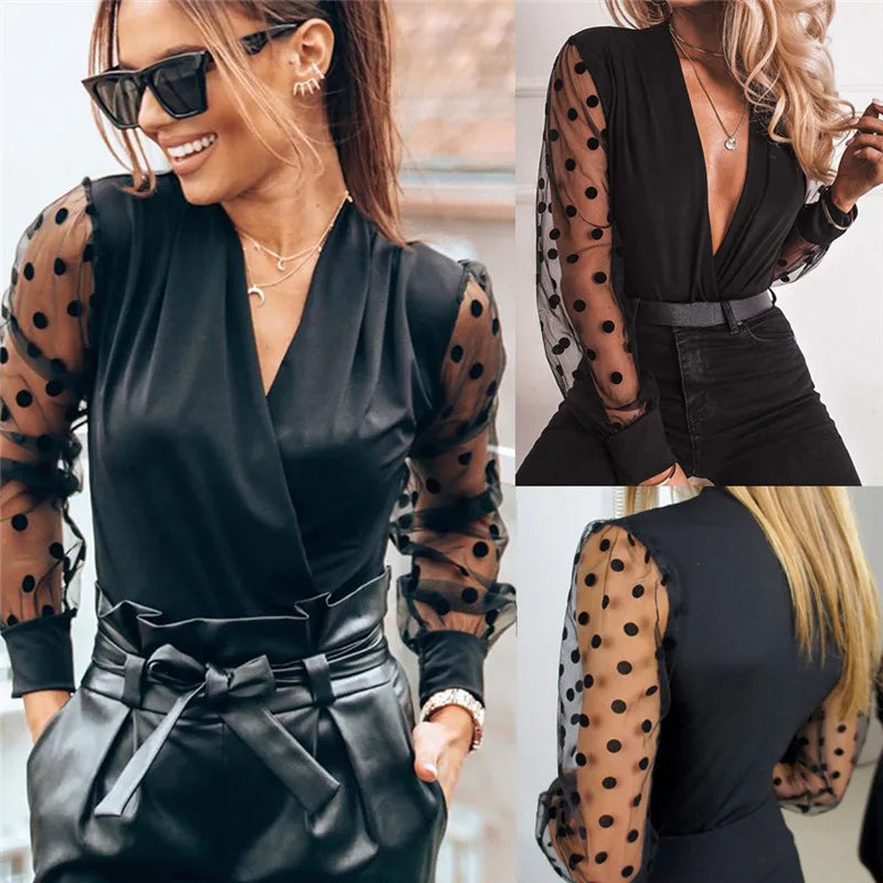 2020 women's blouse deep V-neck transparent polka dot mesh shirt Puff long sleeve top black shirt women's Sexy blouses