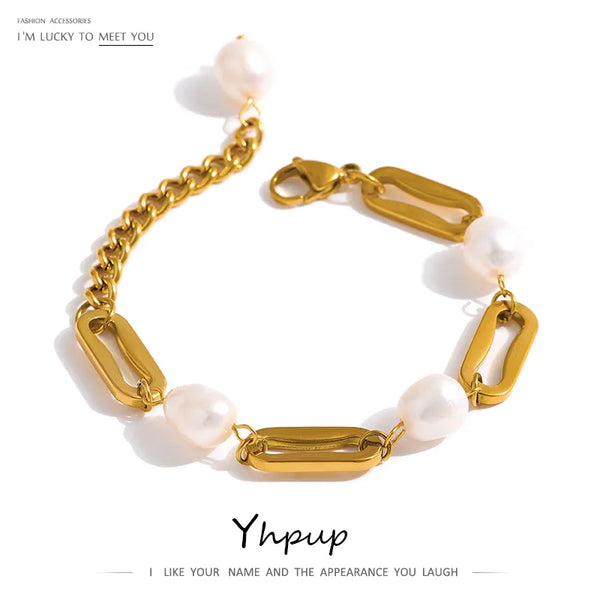 Yhpup Stainless Steel Chain Bracelet Elegant Natural Pearl Jewelry Metal  Waterproof браслеты женские Accessories Girls Gift
