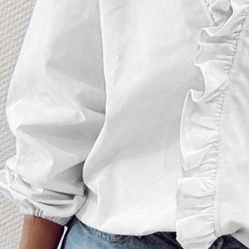 Women Shirt Ruffle Stitching Elastic Cuff Sexy V Neck Long Sleeves Ladies Pullover Streetwear Casual Solid Color Blouses