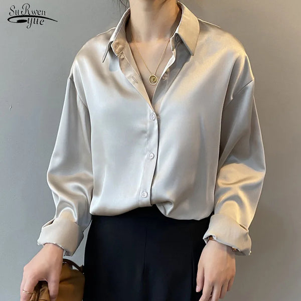 Vintage White Long Sleeve Shirts Tops Ladies Elegant Korean Office Shirt Fashion Button Up Satin Silk Shirt Blouse Women 11355