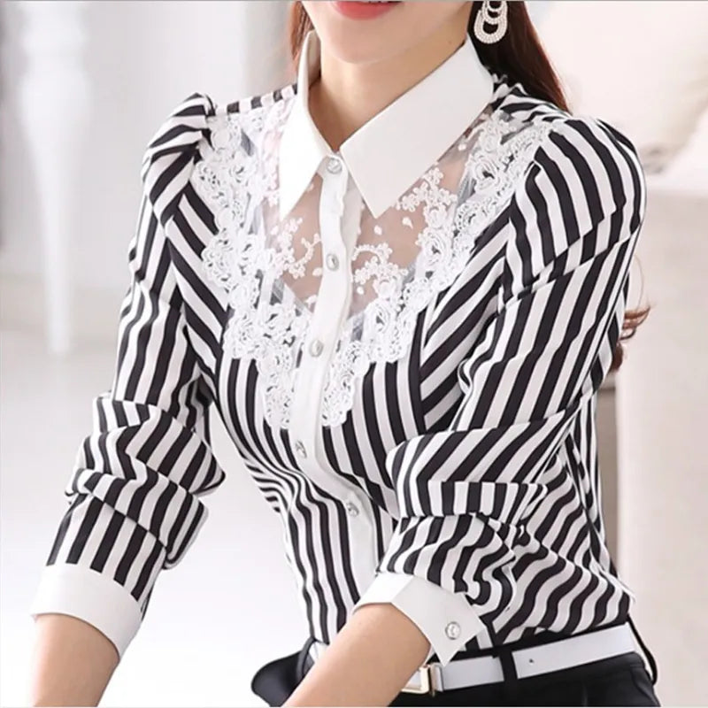 Lace Sheer Mesh Patchwork Office Elegant Chic Blouse White Black Striped Shirt Oversized Button Up Shirts Ladies Tops Women C454