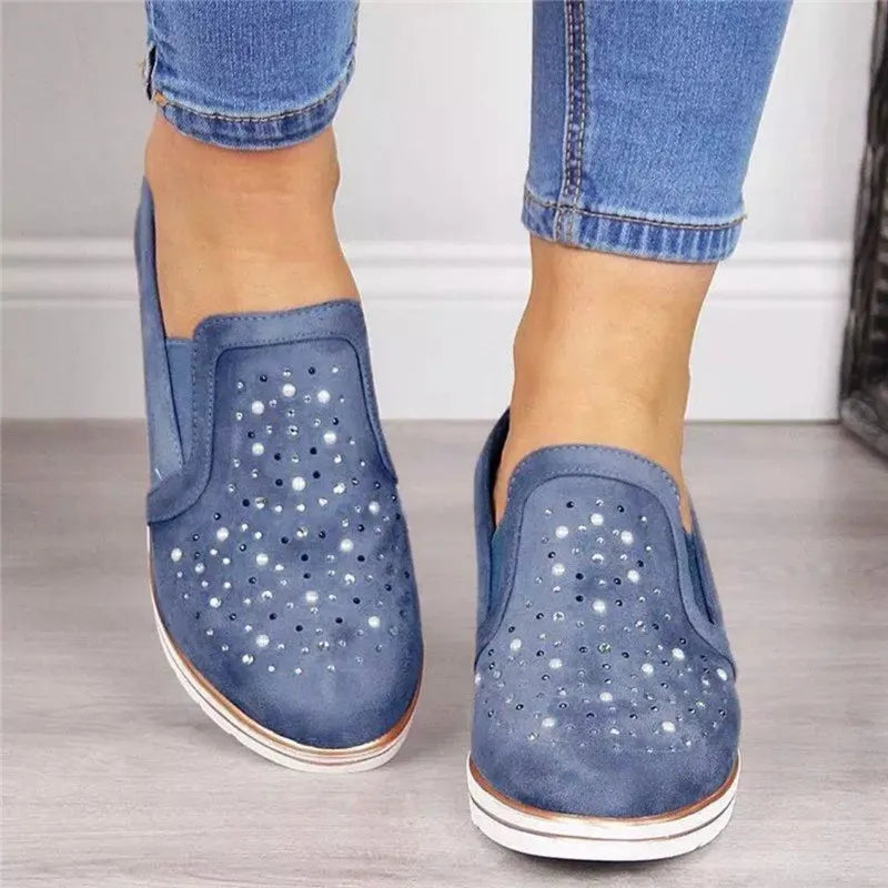 Hot wedges shoes for women Cow Suede New Bling Autumn shoes woman Fashion Slip-On Round Toe casual flat shoes comfortable flats