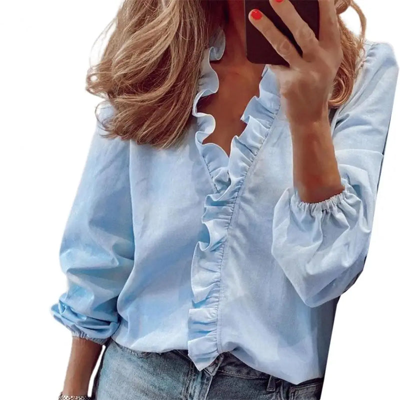 Women Shirt Ruffle Stitching Elastic Cuff Sexy V Neck Long Sleeves Ladies Pullover Streetwear Casual Solid Color Blouses