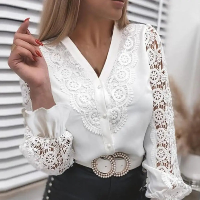 Women Sexy Lace Patchwork Hollow Out Shirt Blouse Long Sleeve O-Neck Mesh Design Tops 2022 Spring White Vintage Button Shirt Hot