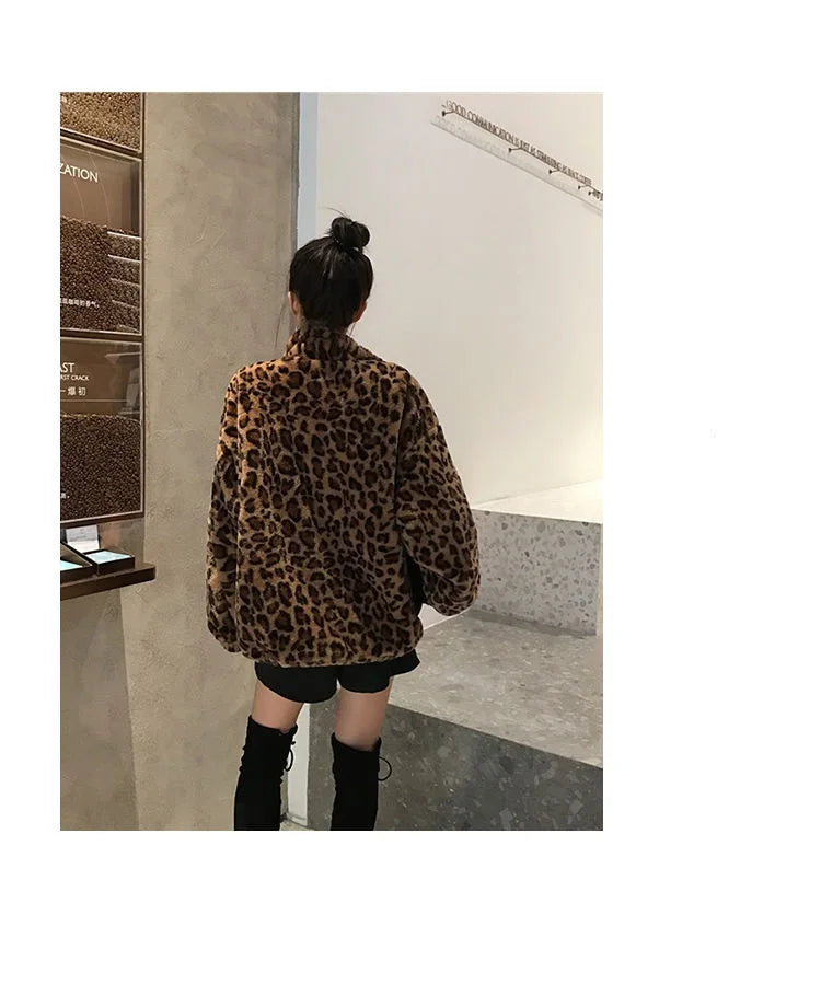 Winter Leopard Print Jacket Women's Stand collar Warm Parkas Outwear 2024 New Autumn Winter Korean Female Loose Faux Fur Coats