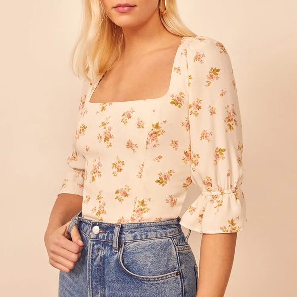 Summer Tops Women Clothing Square Neck Flare Sleeve Shirred Vintage Blouses For Women Elegant Floral Print Chiffon Blouse Top