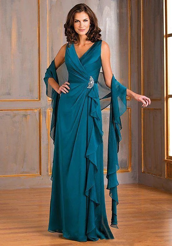 New Peacock Blue Mother Of The Bride Dresses V Neck Chiffon Crystal Ruffle Plus Wedding Guests Mother's Evening Gowns With Shawl