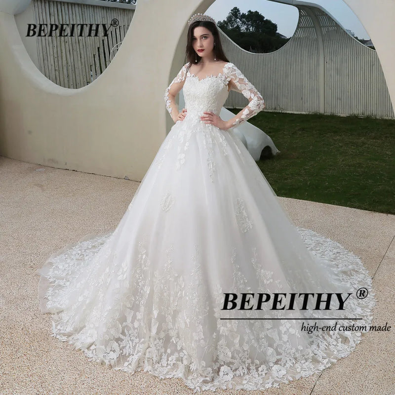 BEPEITHY Lace Romantic Wedding Gowns For Women Long Sleeves France India Bride Princess Bridal Dresses 2022 Vestidos De Novia