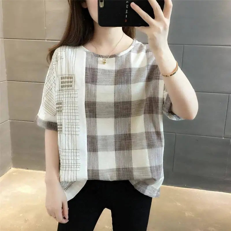 Shirts Women 2022 Ladies Tops Casual 100% Cotton Plaid Shirt Blouse Loose Plus Size Women Clothing Short Sleeve Summer White