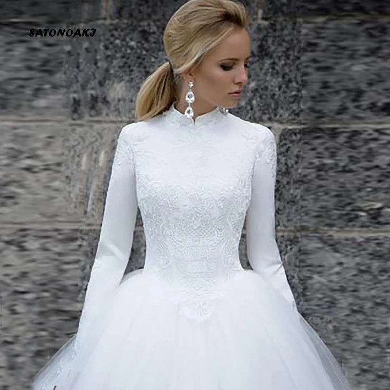 Vestido De Novia Muslim White Wedding Dress for Women 2024 Long Sleeves Lace Appliques Vintage Bridal Gown Robe Mariage France