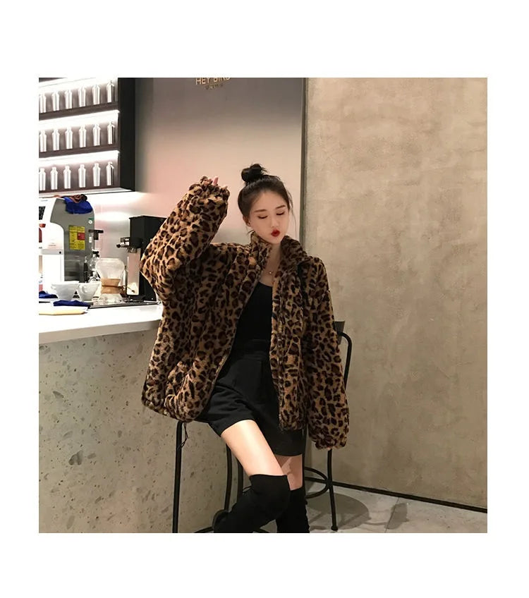 Winter Leopard Print Jacket Women's Stand collar Warm Parkas Outwear 2024 New Autumn Winter Korean Female Loose Faux Fur Coats