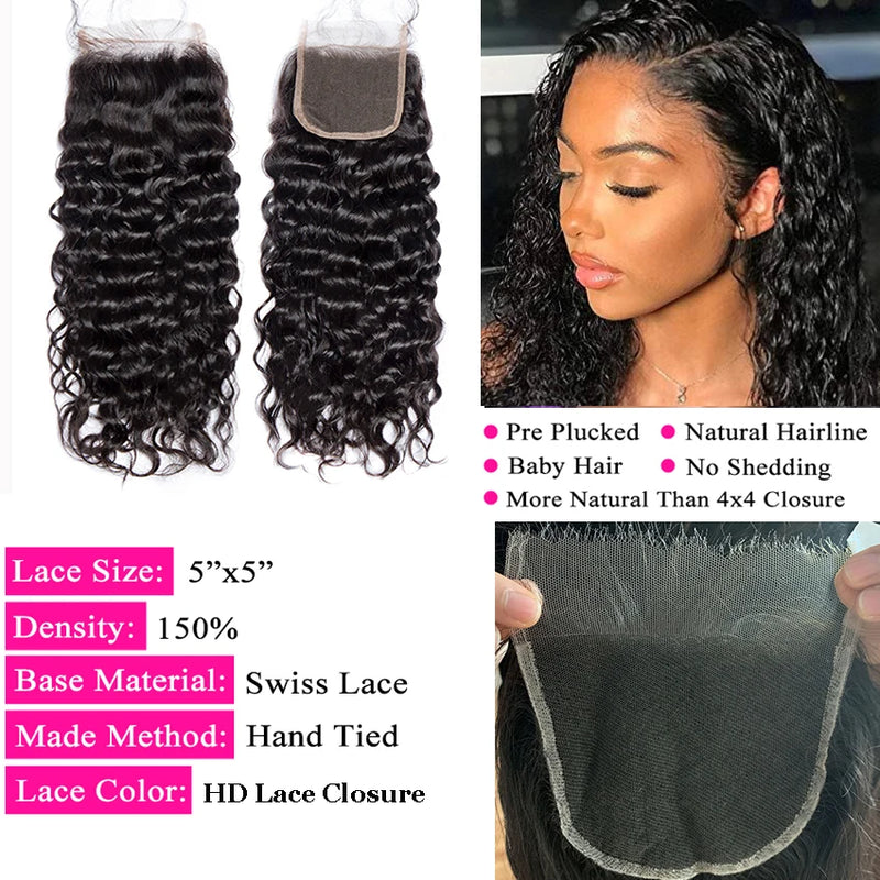 5x5 6x6 HD Lace Closure With Bundles Water Wave Human Hair Bundles With Frontal Only Lemoda Remy Peruvian Deep Wave Extension