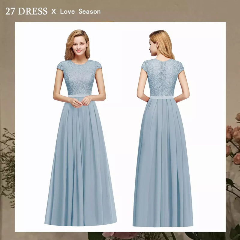 Popular Dusty Blue Lace Chiffon Long Bridesmaid Dresses Charming Short Sleeve Wedding Guest Dresses robe demoiselle d'honneur