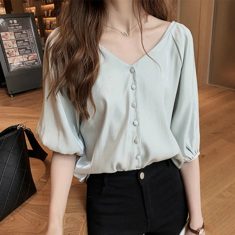 Shirts Women Summer Chiffon M-4XL V-neck Single-breasted Elegant Lantern Sleeve Leisure Korean Style Loose All-match Newest ins