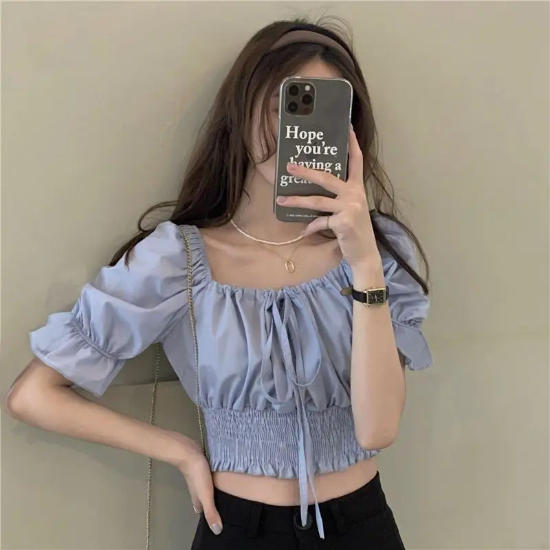 Summer Sweet Slim Folds Blouses Women Square Collar Puff Sleeve Sexy Gentle Crop Tops Simple Girls Lace-up Blusas Mujer Trendy
