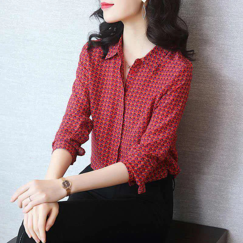 Women Spring Autumn Style Chiffon Blouses Shirts Lady Long Sleeve Turn-down Collar Plaid Printed Blusas Tops DF0010