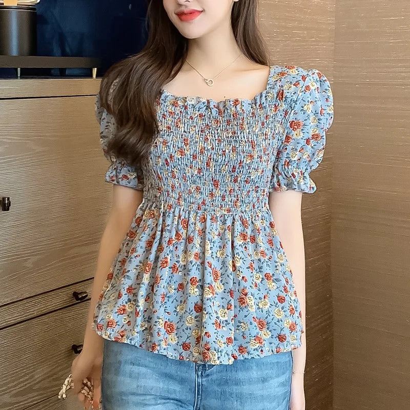 Vintage Summer Chiffon Blouses Womens 2023 Casual Harajuku Floral Printed Blouse Woman Clothes Sexy Korean Tops Camisas Mujer