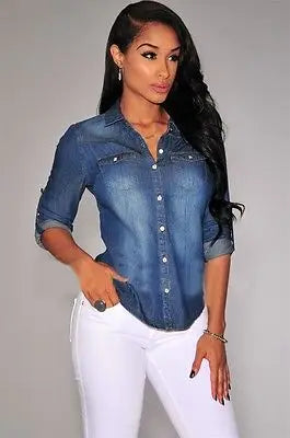 Women Casual Blue Jean Soft Denim Long Sleeve Shirt Tops Blouse Hot Lady Button Pocket Slim Top Sexy Blouse