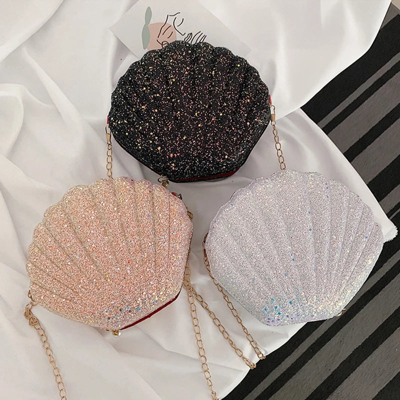 Cute Laser Sequins Small Shell Shoulder Bag Phone Money Pouch Summer Chain Pouch Crossbody Bags for Women Purse