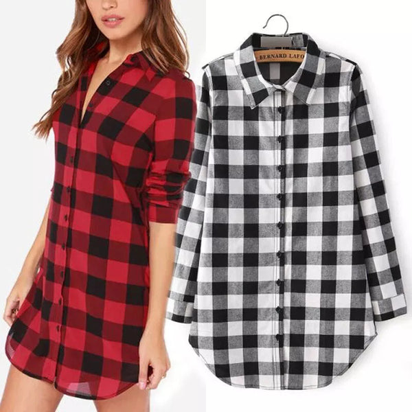 Women Long Sleeve Turn-down Collar Classic Plaid Print Shirt Single Breasted Cotton Long Shirts Black Red