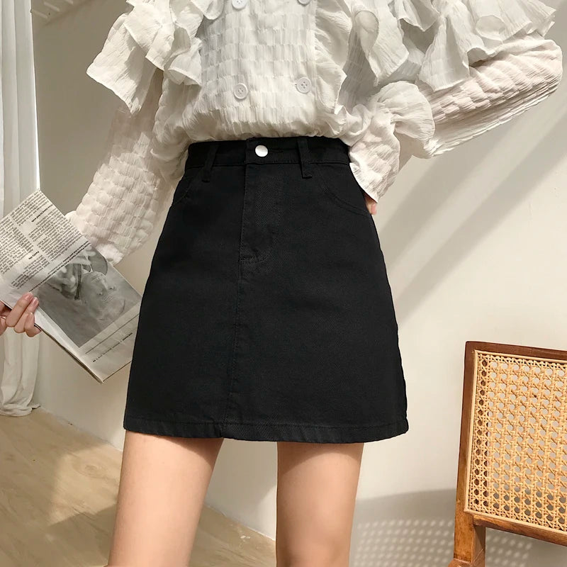 Skirts Women Solid A-line Denim Pockets Button Mini High Waist All-match Leisure Korean Chic Simple Womens Fashion Daily Elegant