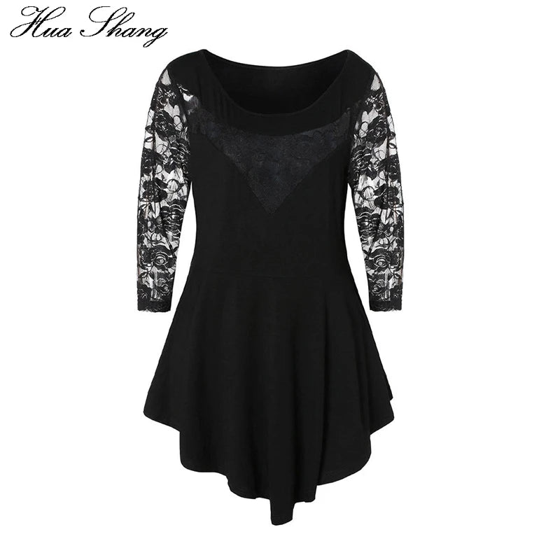 HUA SHANG 2021 Fashion Floral Lace Hollow Out Sexy Tunic Blouse Women Clothing Summer Solid Tops Ladies Ruffles Irregular Blusas